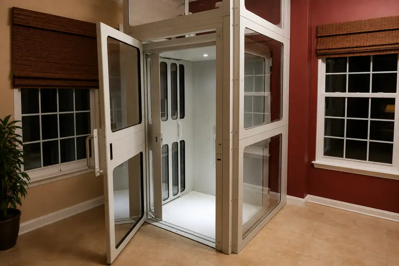 A residential elevator with open glass doors is shown in a room with tan tile flooring, red and beige walls, and large windows with brown blinds.