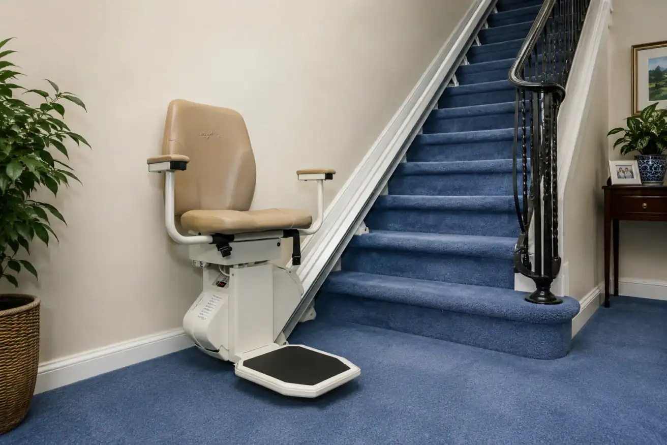 A stairlift with a beige seat is installed beside a blue-carpeted staircase in a home interior.
