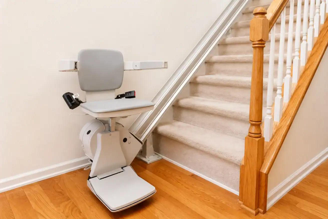 A stair lift with a gray seat is installed beside a carpeted staircase with a wooden railing on a hardwood floor.
