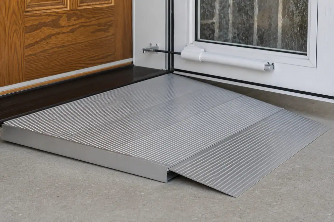A metal wheelchair ramp is placed at the entrance of a building with a white door and brown wood trim, providing accessible entry.