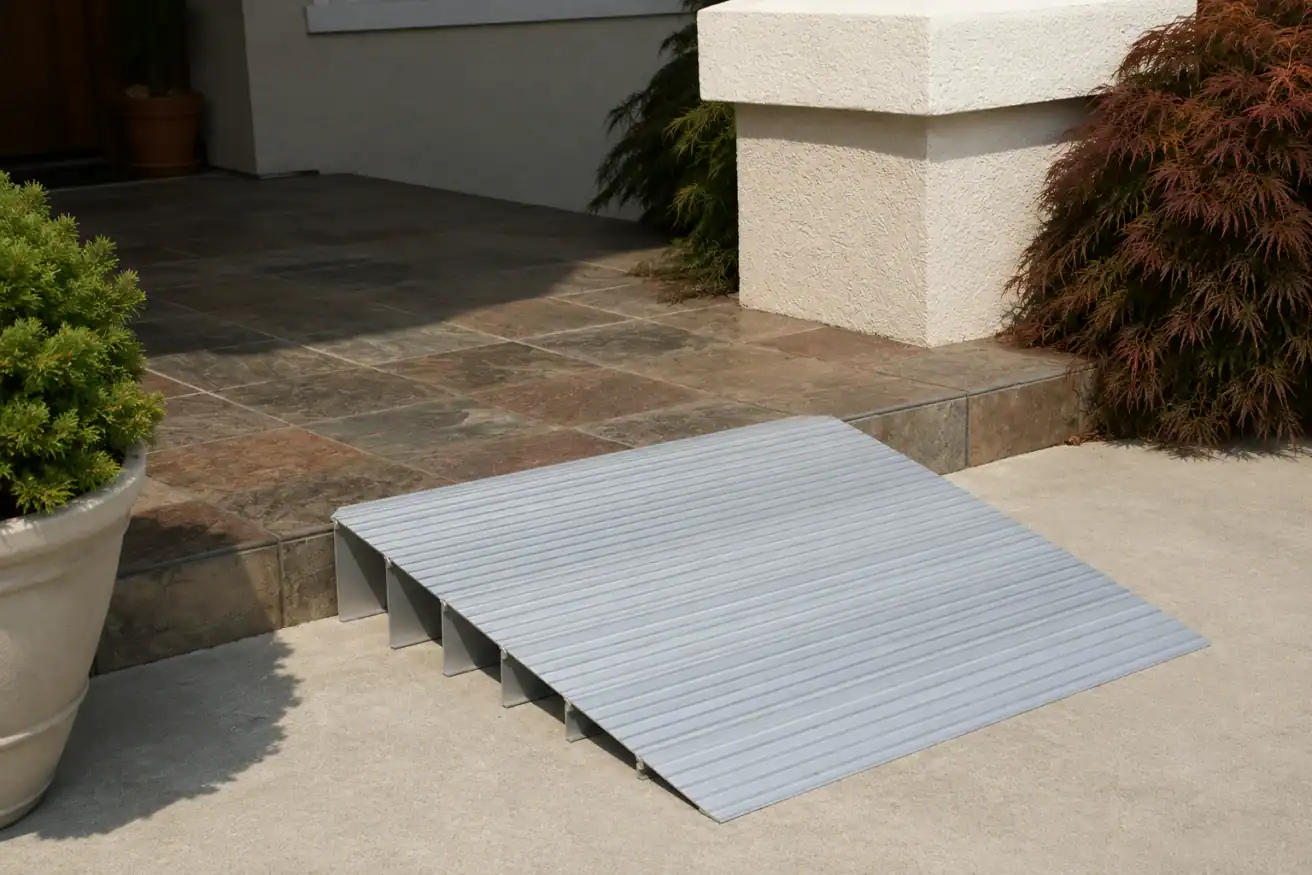 Portable metal wheelchair ramp placed on a step, connecting a tiled entryway to a concrete walkway, with plants nearby.