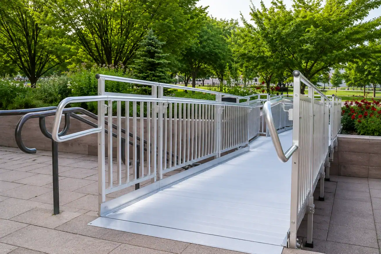 A metal wheelchair-accessible ramp with handrails on both sides, set in an outdoor area with paved ground and green trees in the background.