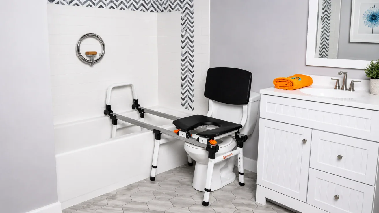 Transfer bench with a sliding seat positioned over a bathtub and toilet in a modern bathroom with gray and white decor.