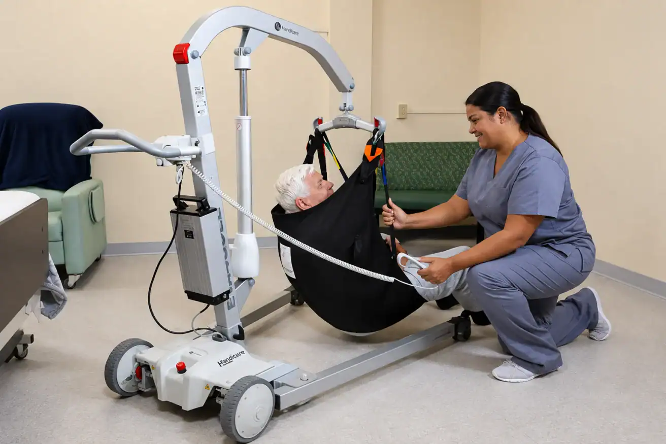 A caregiver operates a patient lift to transfer an elderly person from a bed, using a black sling for safe movement.