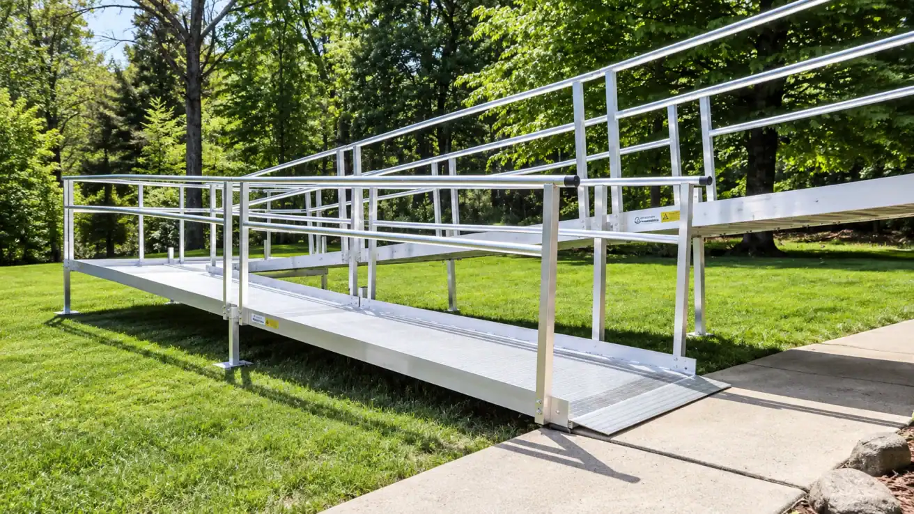 Aluminum wheelchair-accessible ramp with handrails leading from a concrete sidewalk to a grassy area, surrounded by trees and greenery.