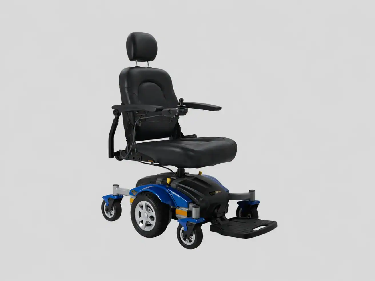 A blue and black electric wheelchair with a padded seat, headrest, armrests, and footrest, shown against a plain gray background.