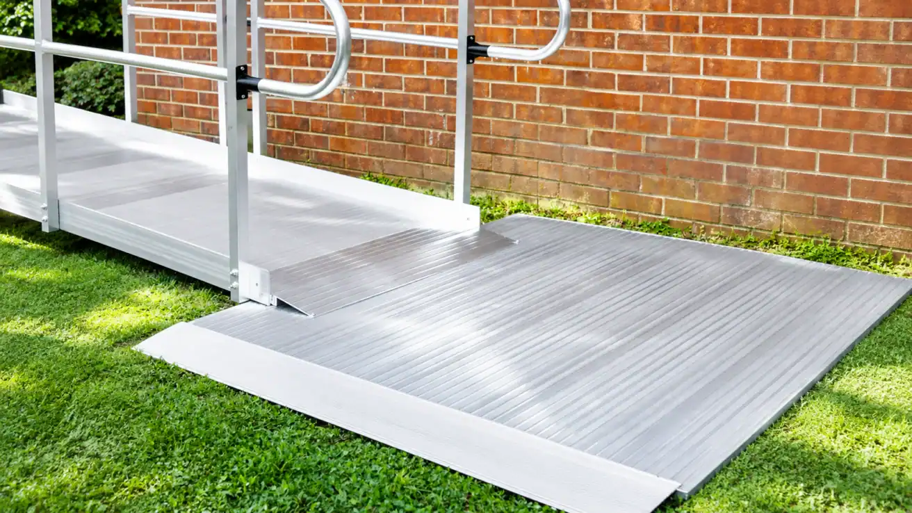 A metal wheelchair ramp with handrails leads from a grassy yard to a brick building.