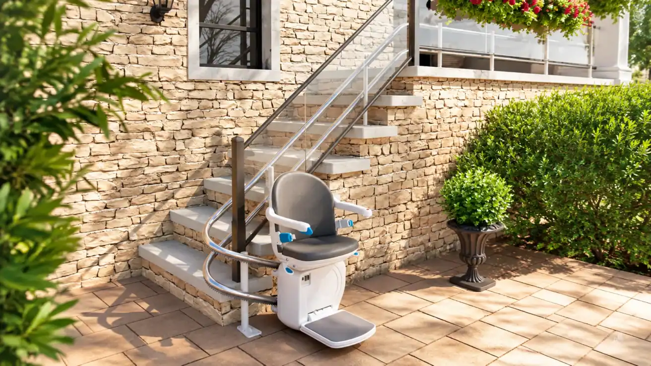 Outdoor stair lift installed alongside a short stone staircase by a brick house, surrounded by green shrubs and a potted plant on a patio.