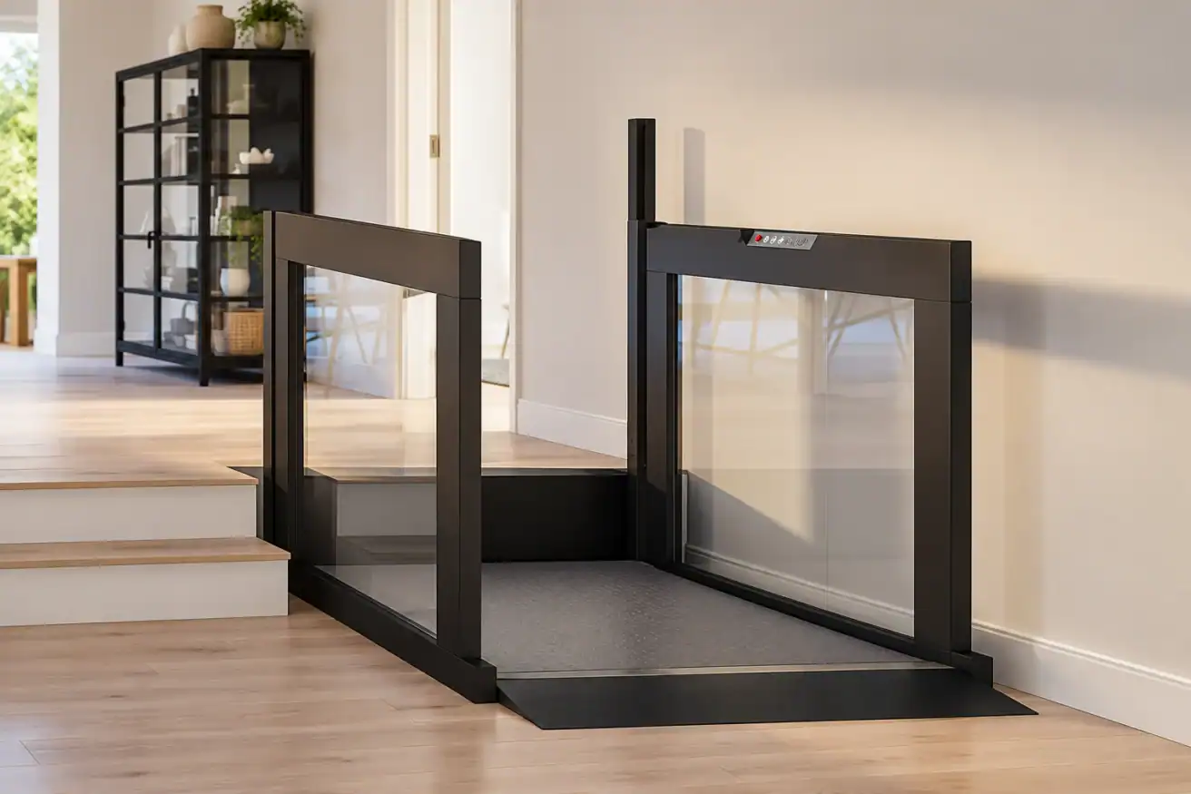A black wheelchair lift is installed beside a short set of stairs in a modern, sunlit room with wooden floors and white walls.