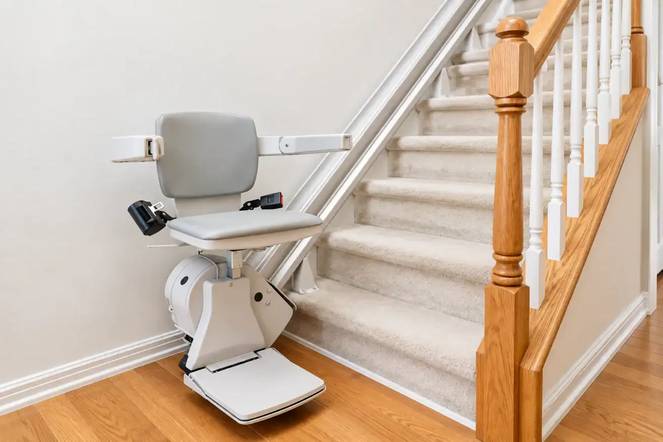 A motorized stair lift with a gray seat and armrests is installed along a carpeted staircase next to a wooden railing in a home.