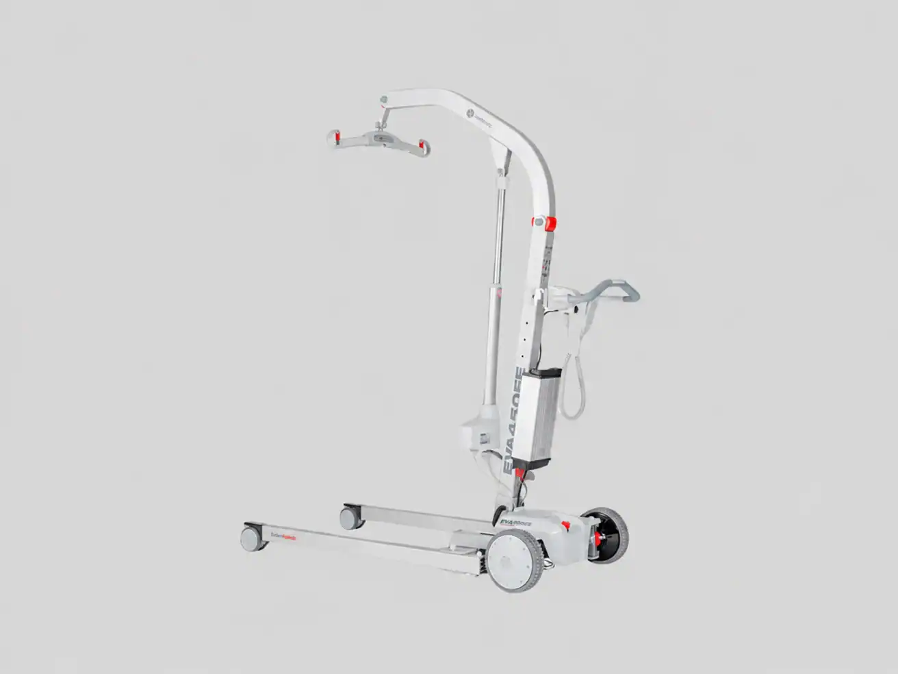 A white patient lift with wheels and adjustable arms, designed for transferring individuals with limited mobility. The device features red accents and a control handle.