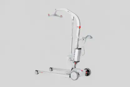 A white patient lift with wheels and adjustable arms, designed for transferring individuals with limited mobility. The device features red accents and a control handle.