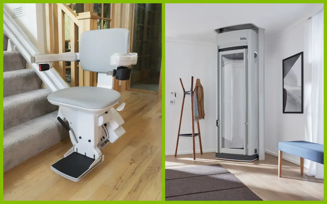 A stairlift on a staircase next to a residential home elevator.