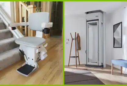 A stairlift on a staircase next to a residential home elevator.