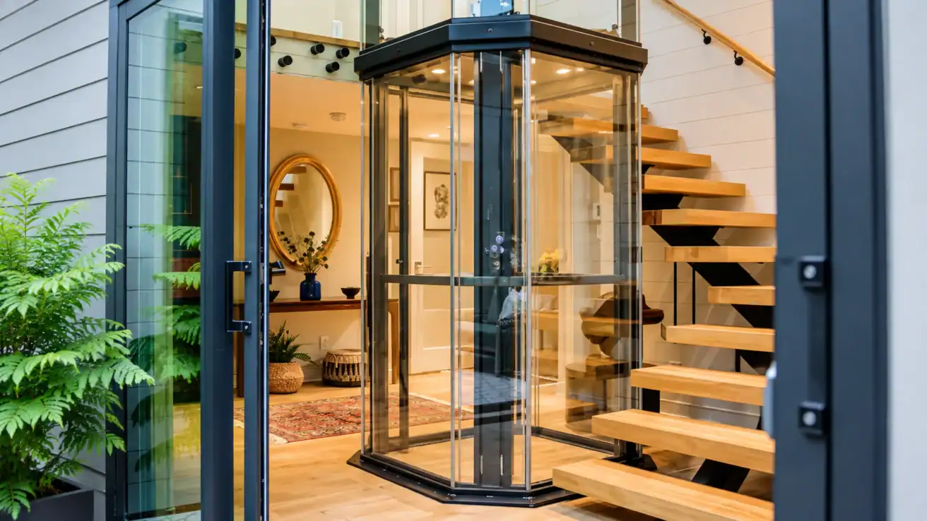 A modern glass elevator is installed next to a wooden staircase in a contemporary home interior with glass doors and a decorated entryway.