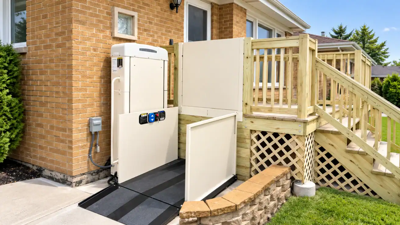 A vertical platform wheelchair lift installed next to a wooden deck and brick house.