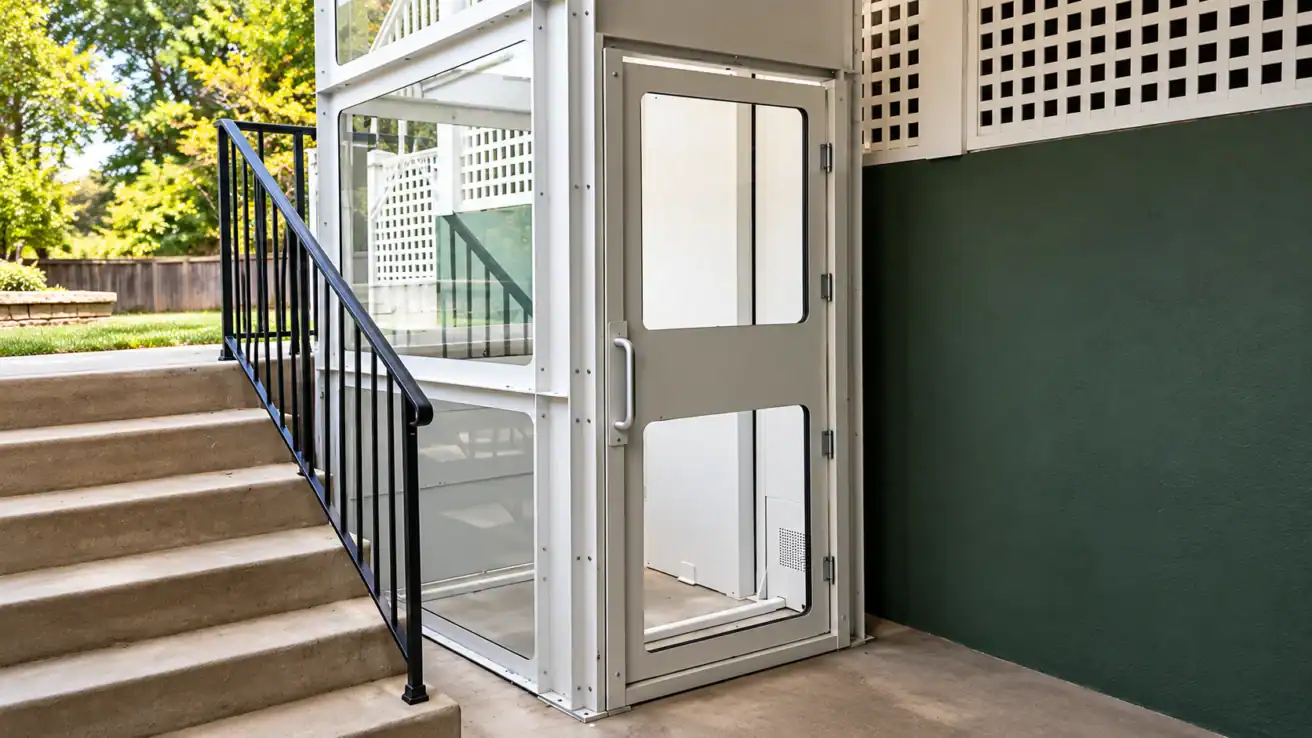 A white residential platform lift installed outdoors next to a concrete staircase.