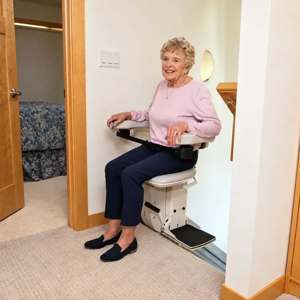 A woman sits on a stairlift positioned at the top of a staircase.